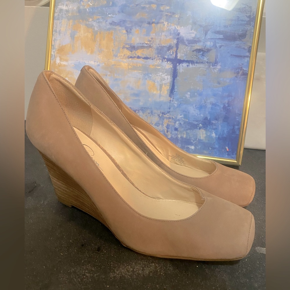 Women's Jessica Simpson Taupe Square Toe Salley Wedge Pump Heels 10M